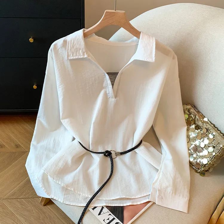 2025春秋季新款法式翻领拼接假两件长袖衬衫时尚气质收腰女士上衣