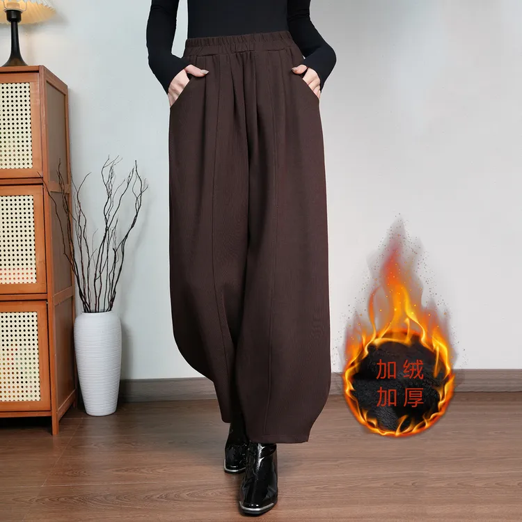 2025大码冬季高腰灯笼裤阔腿裤拼接松紧腰秋冬加绒加厚休闲裤宽松