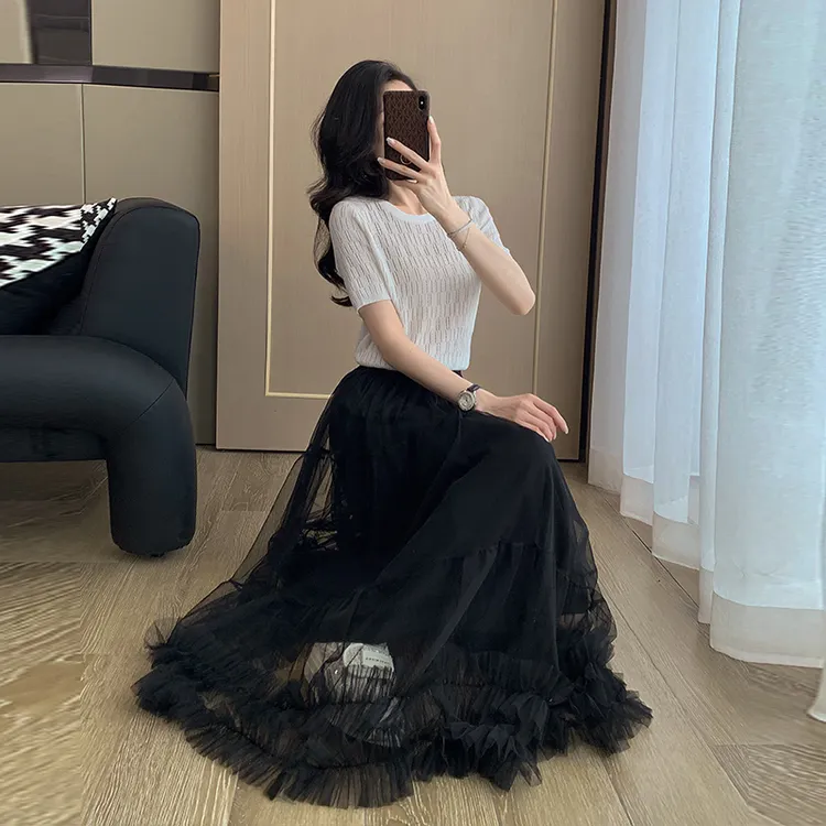 时尚套裙女夏季宽松气质短袖针织衫黑色网纱半身裙薄款百搭两件套