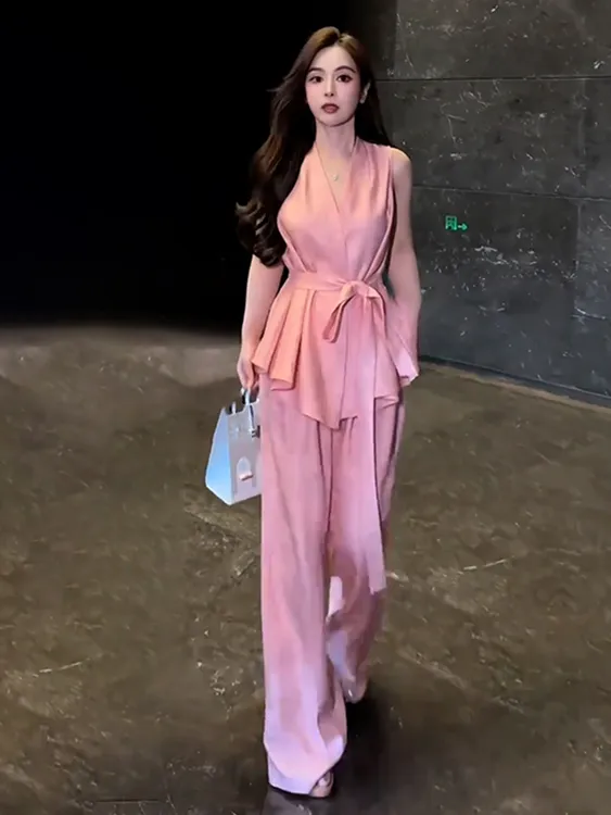 高级感粉色甜美气质V领系带无袖衬衫高腰显瘦休闲裤套装女2025夏