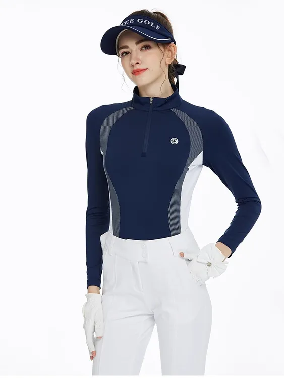 新款高尔夫服装女上衣长袖秋冬立领拉链拼色女士POLO衫运动球衣