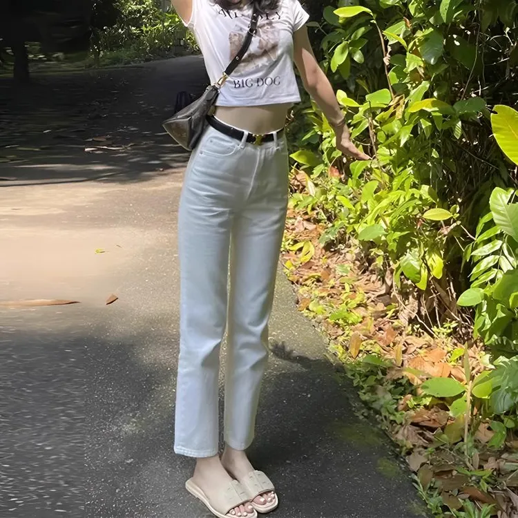 雪千羽白色九分直筒牛仔裤女2025夏季新款高腰弹力修身显瘦烟管裤