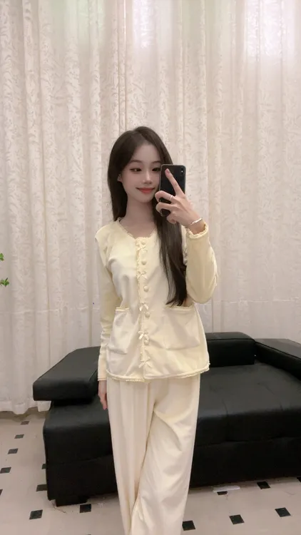 冬季纯色保暖海岛绒带口袋睡衣系扣家居服套装长袖栀子黄细绒套装