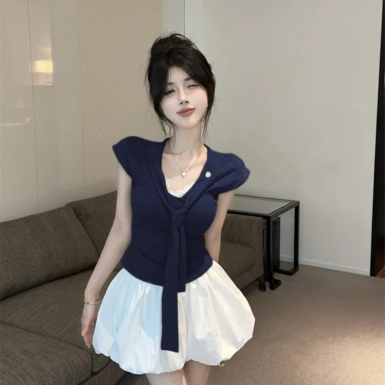 海军领系带蕾丝拼接无袖修身恤+花苞半身裙2025夏季两件套装女