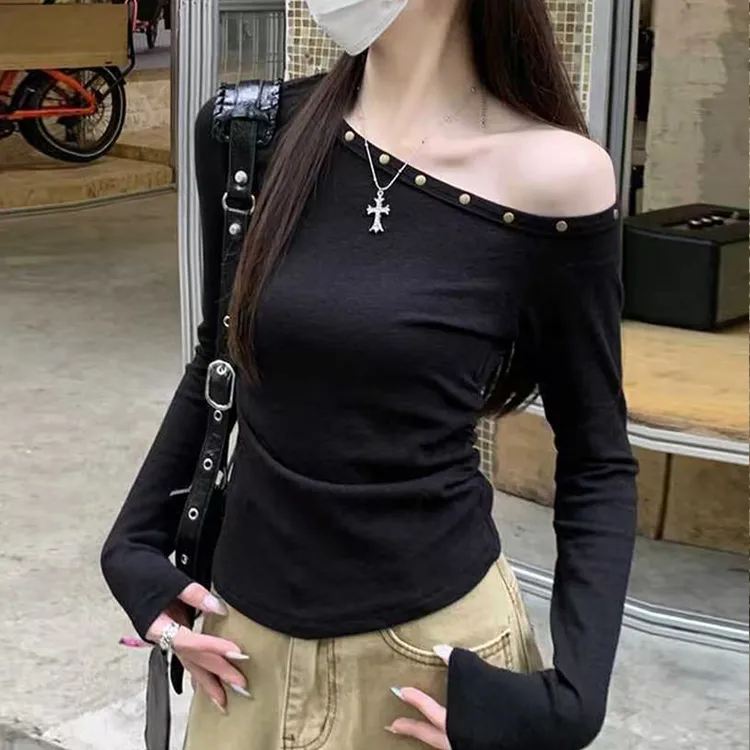 2025大码胖MM个性潮流韩版斜肩气质显瘦辣妹长袖上衣女美式辣妹