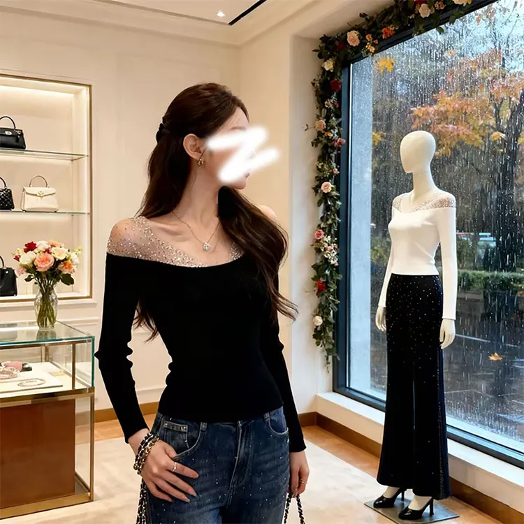 极光梦境”纯欲设计感重工烫钻T恤早秋气质显身材修身显瘦上衣