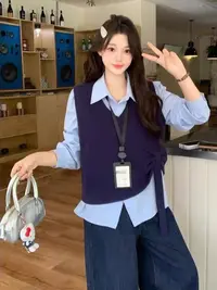 大码女装-1181时尚两件套上衣宽松气质衬衫马甲韩版小众百搭