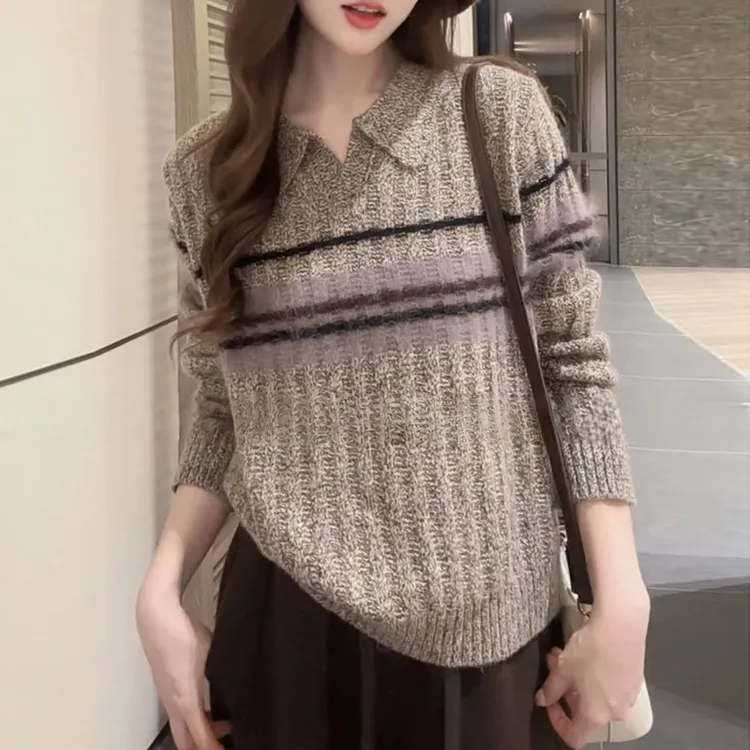 韩系chic秋冬季复古减龄polo领宽松百搭休闲长袖条纹针织衫毛衣女