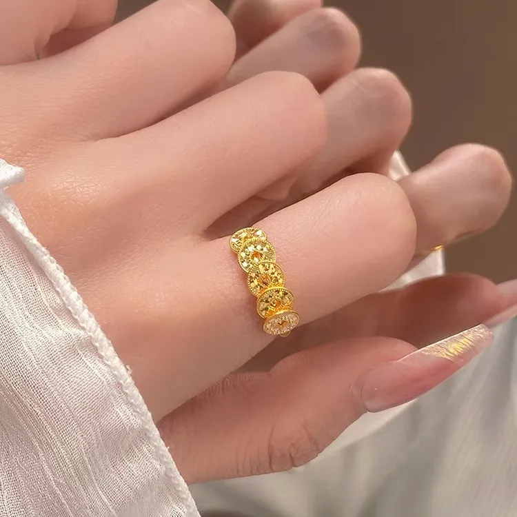 铜合金戒指 碎碎冰五帝钱戒指女轻奢高级感活口食指戒钱多多指环 