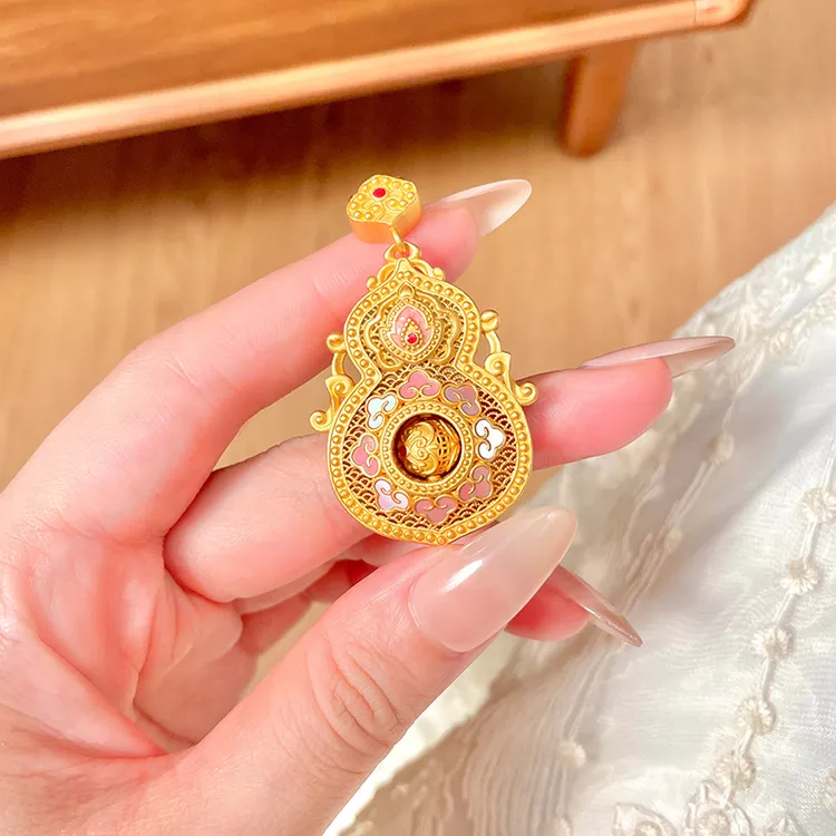 吊坠足银 珐琅「粉桃葫芦」足银999.9葫芦编绳描金吊坠镀金吊坠项链