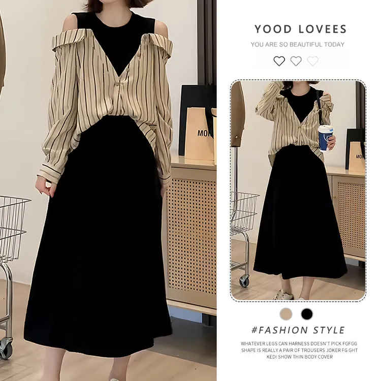 假两件长袖连衣裙女春秋季2025新款设计感露肩条纹衬衫拼接长裙子