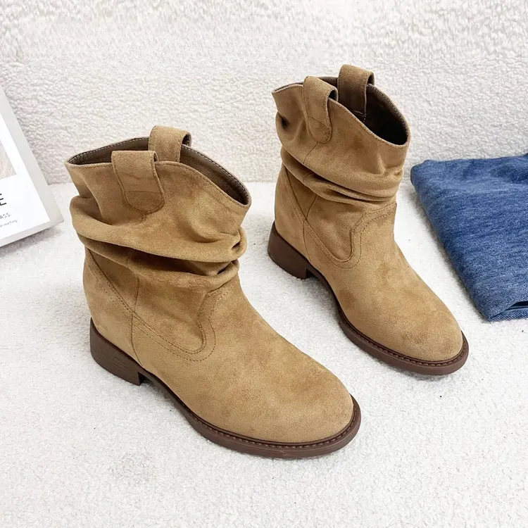 【平增高8cm】美拉德马丁靴女秋款中筒显瘦堆堆褶皱复古女靴P061