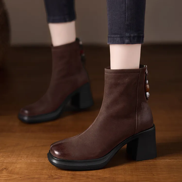 7.5cm小个子久穿不累脚粗跟短靴复古擦色马丁靴厚底短筒单靴加绒