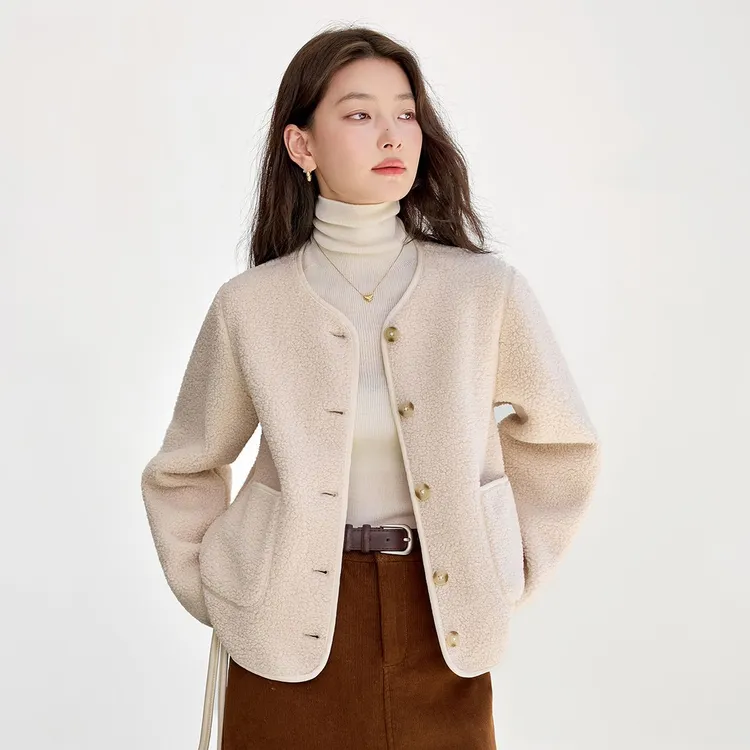 茵曼仿羊羔毛圆领开衫外套女25年冬季新款纯色内搭外套小个子上衣