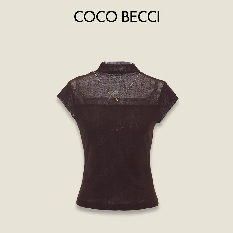 COCO BECCI【小樱桃】网纱性感日常通勤黑色拼接T恤CFHHC124083