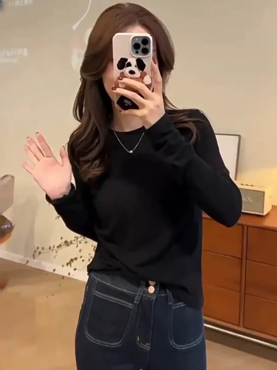 设计感打底衫别致正肩圆领长袖T恤女显瘦新款修身美式洋气上衣