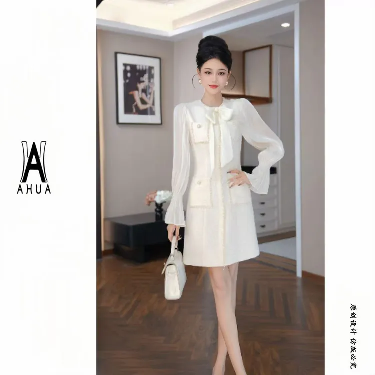 【花花原创】秋季新款法式名媛风拼接连衣裙小众时尚9178