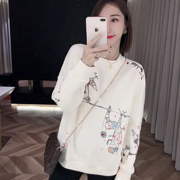 纯棉不起球刺绣卫衣无帽宽松废土风外套女士中年妈妈款上衣服气质