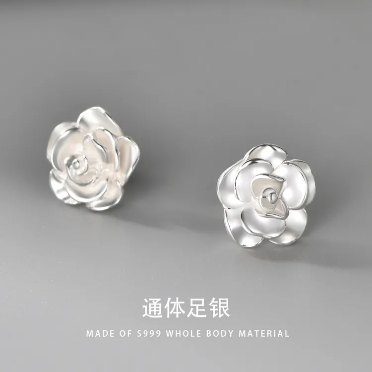 足银耳饰 S999足银牡丹花耳钉女新中式复古气质耳环螺丝扭扣耳饰