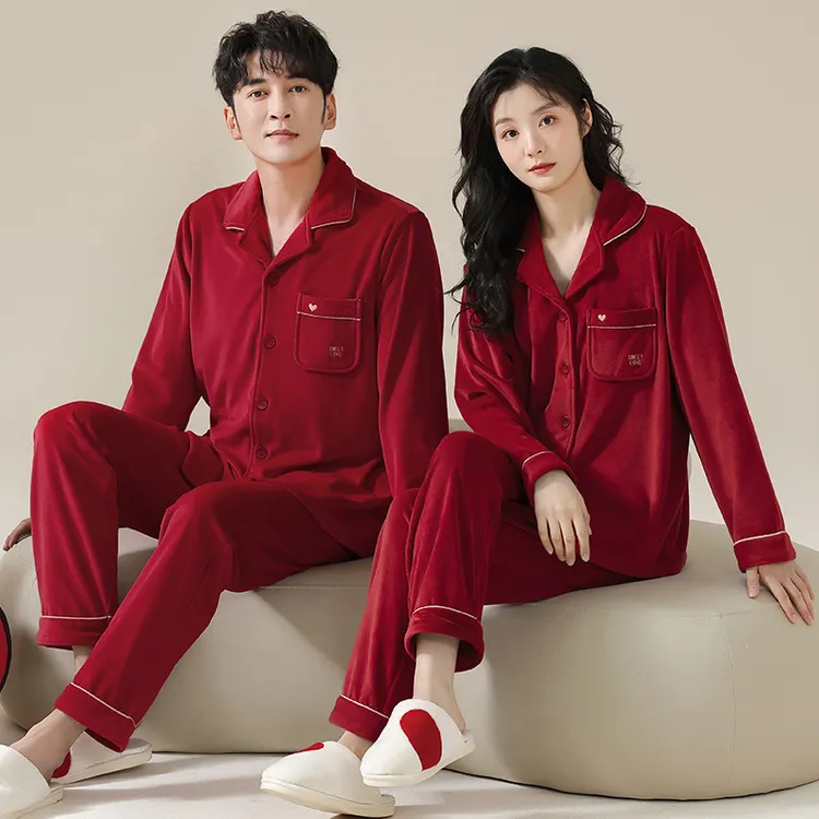 兰麦菓【情侣海岛绒】红色睡衣加绒冬季新款本命年结婚家居服套装