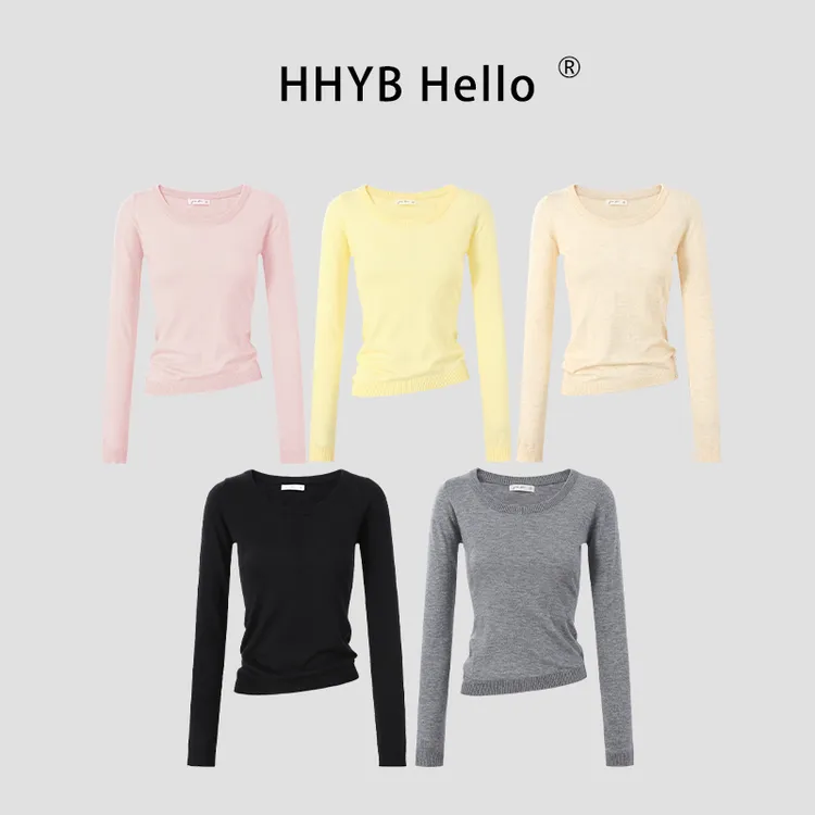HHYB Hello2025纯色U型领长袖上衣别致感倾斜下摆显瘦针织衫M1200