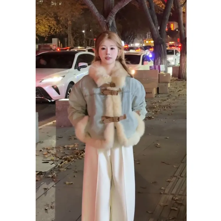 2025冬季新款韩系气质保暖炸街牛仔派克夹棉外套配休闲裤两件套女