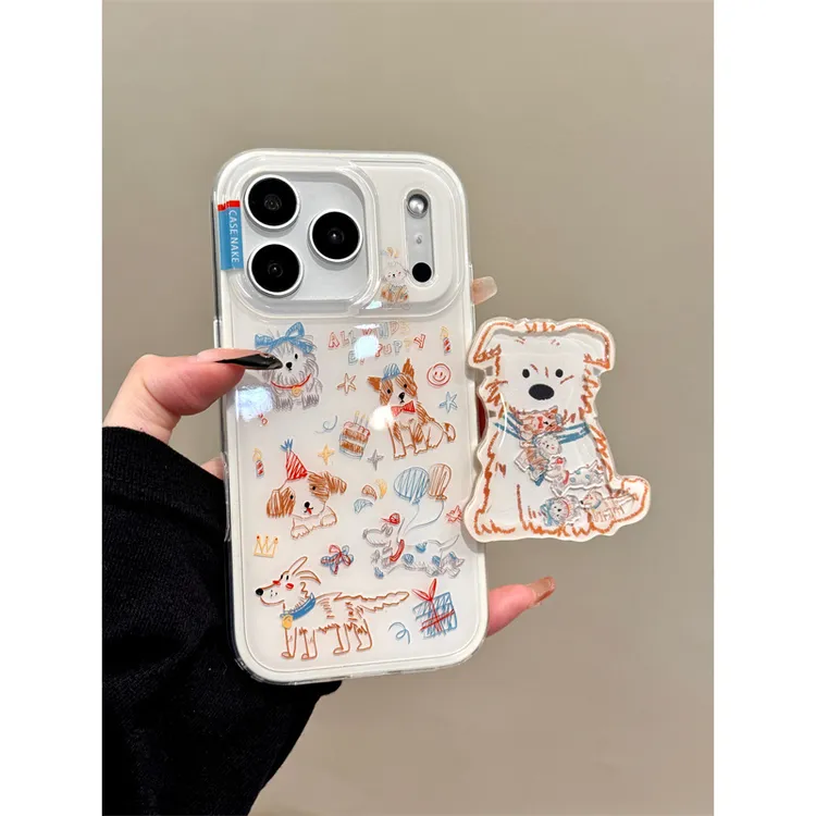 适用苹果iphone17promax线描小狗16pro防摔15摇摇支架14ins手机壳