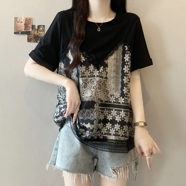 大码假两件蕾丝吊带拼接短袖T恤女夏季胖MM宽松显瘦百搭洋气上衣