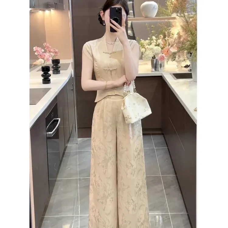 青瓷新款新中式气质时尚国风上衣高腰显瘦阔腿裤子两件套女