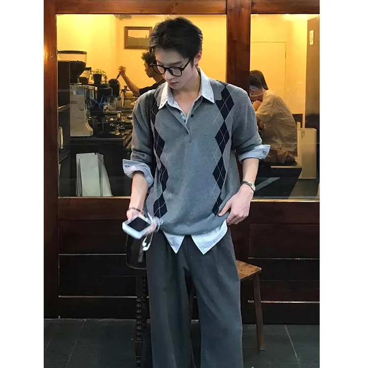 美式复古菱格提花polo领针织衫男秋季慵懒高级感cleanfit翻领毛衣