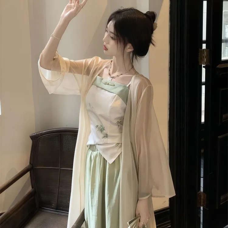 雪纺防晒衣女夏季薄款开衫外搭中长款宽松新中式披肩配吊带裙外套