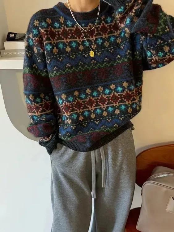 【曼城旧事】2024新款费尔岛复古巴恩风高级撞色重工提花套头毛衣