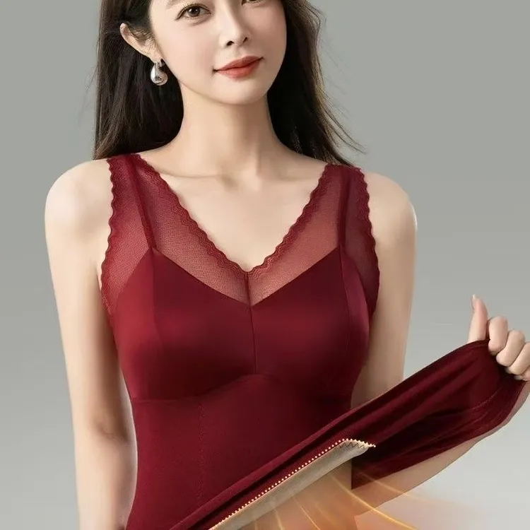 3522德绒拼接缎面背心V领蕾丝一体杯美背无痕保暖通勤内搭打底