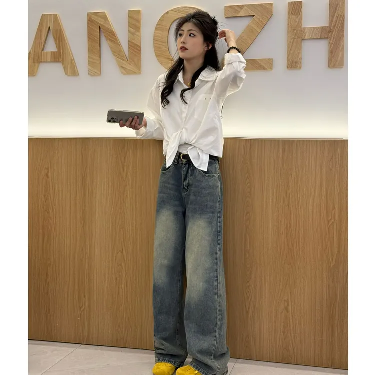 复古高腰阔腿牛仔裤女2025新款夏季直筒宽松拖地水洗垂感显瘦设计