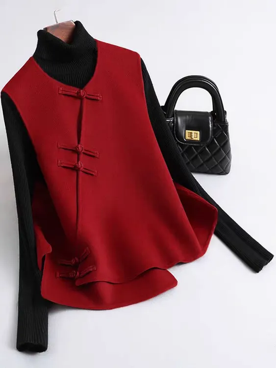 新中式毛呢马夹女秋冬季新款红色国风复古呢子外套