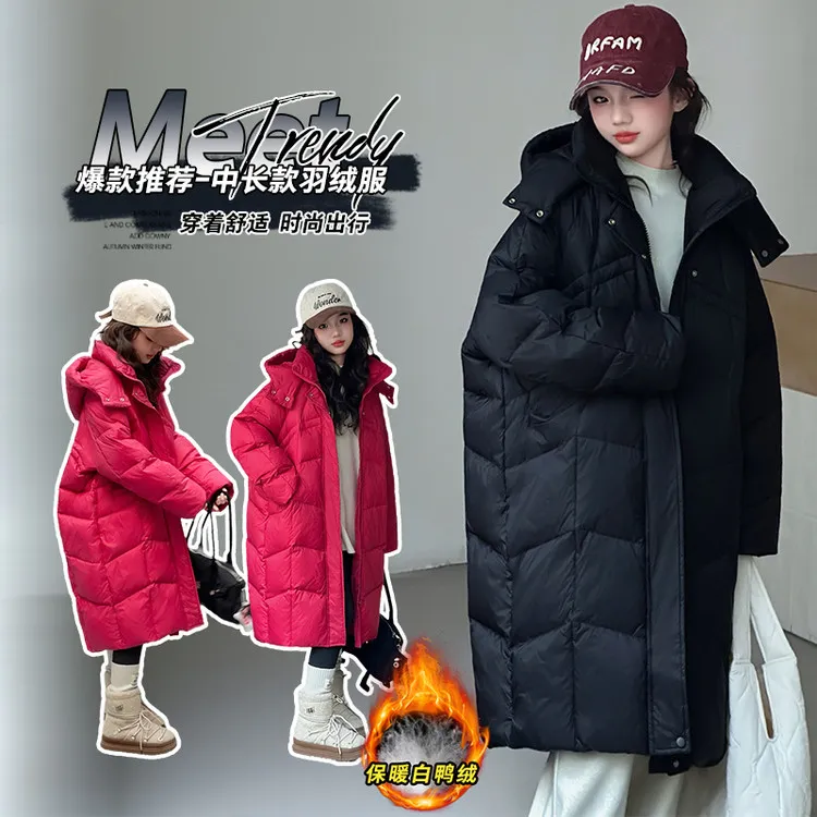 女童羽绒服冬季新款中大童过膝长款白鸭绒连帽外套初中生冬装