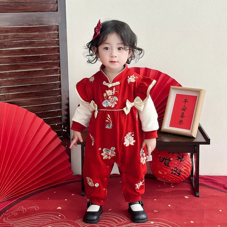 婴儿连体衣冬季加绒婴儿衣服满月百天礼服国风喜庆宝宝衣服拜年服