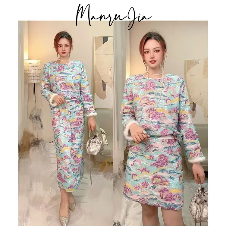 【月光岛屿】意式高定重工珊瑚蓝紫珠片设计感亮片套装