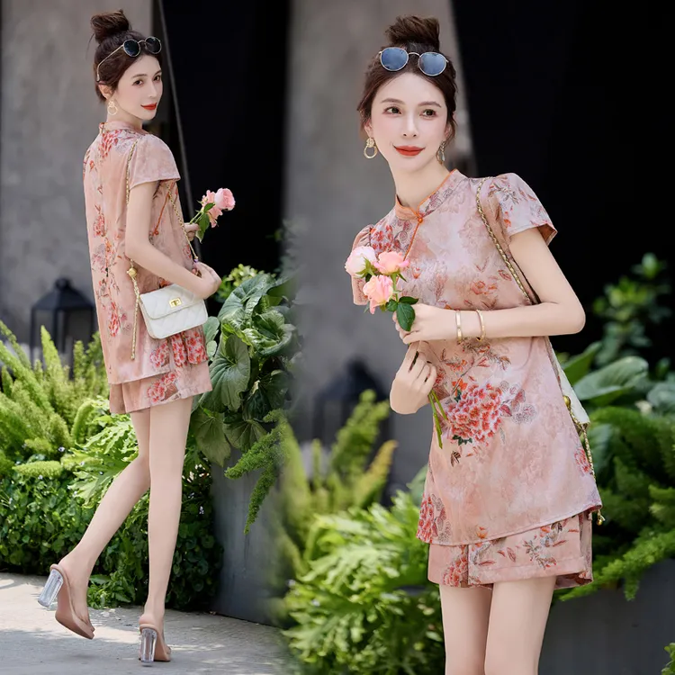 新中式印花改良旗袍套装女2025夏季新款小个子复古盘扣短裤两件套