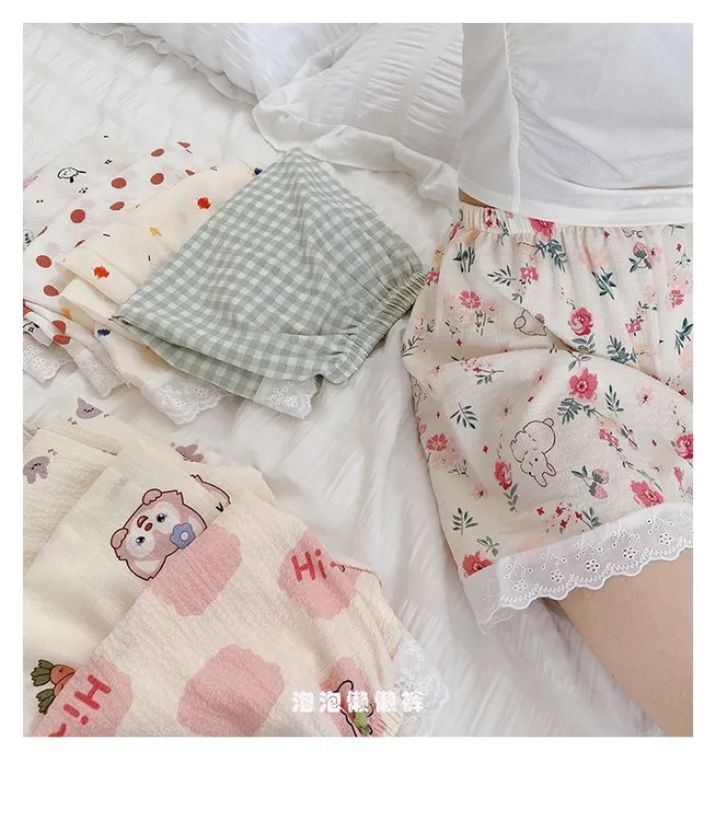 蕾丝印花打底裤薄款夏季睡裤韩版透气女士短裤少女甜美家居裤