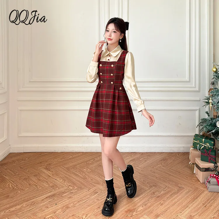 88298红色连衣裙秋冬款新年小香风轻奢假两件修身显瘦高级感裙子