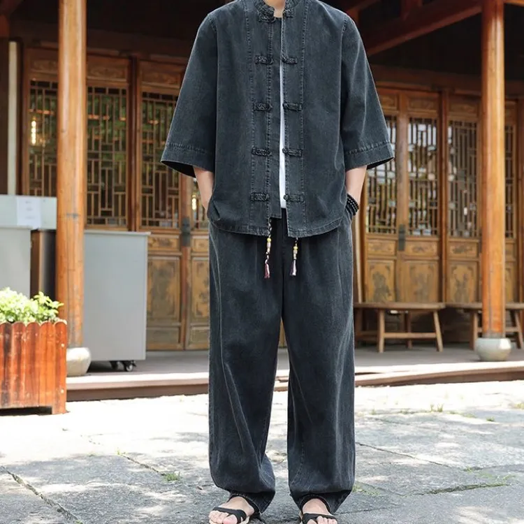 【七夕节礼物】休闲新中式复古中国风牛仔套装宽松透气两件套男装