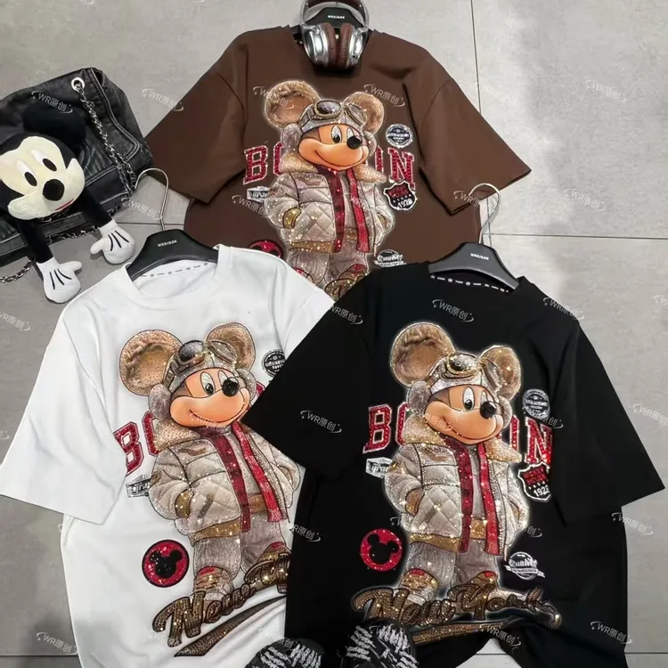 圆领T恤百搭短袖镶钻常规INS风卡通宽松休闲风半袖