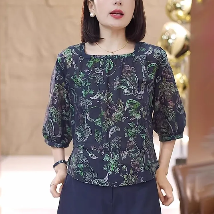 女士印花方领衬衫2025夏季新款时尚洋气减龄宽松休闲显瘦碎花上衣