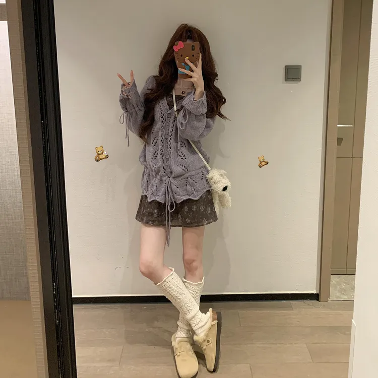 2025新款早秋季韩系慵懒紫色镂空针织开衫小众碎花吊带套装短裙