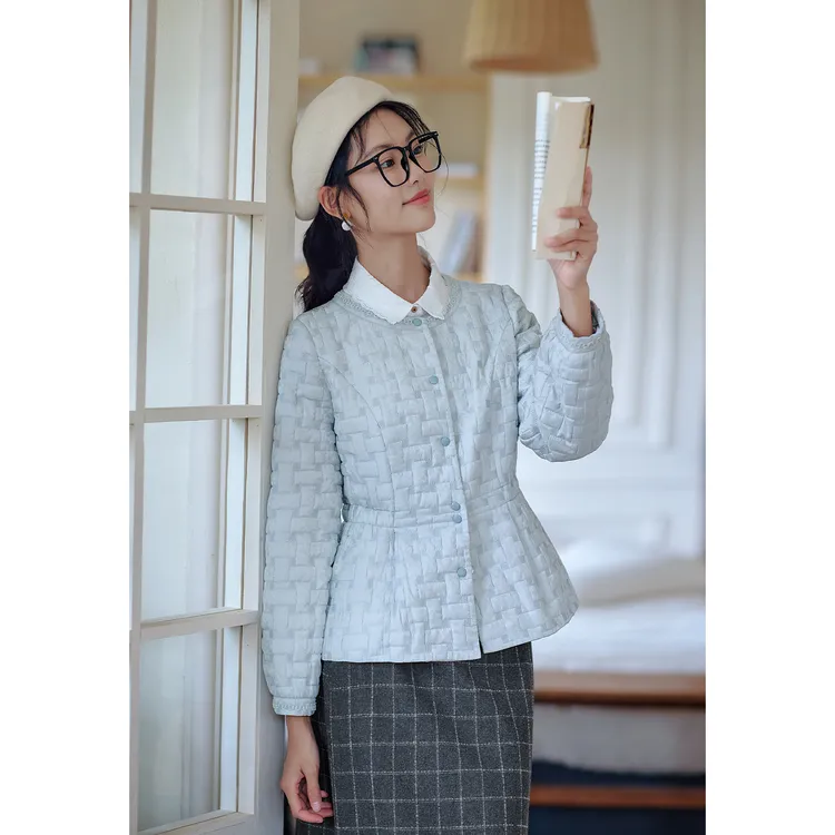 红念蓝色小香风棉服外套女短款小个子修身设计感2025秋季新款上衣