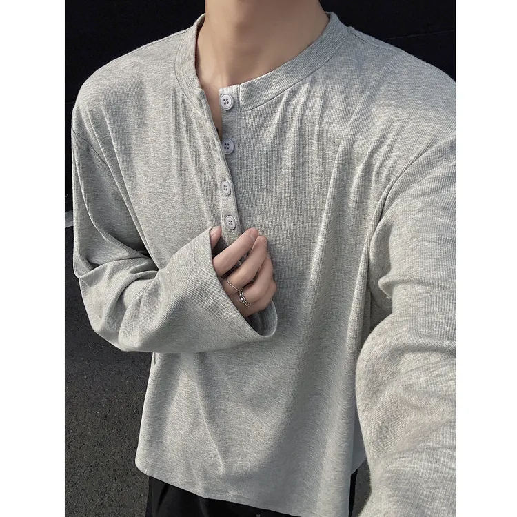 美式亨利领长袖T恤男款春秋cleanfit慵懒风显身材垂感打底衫上衣