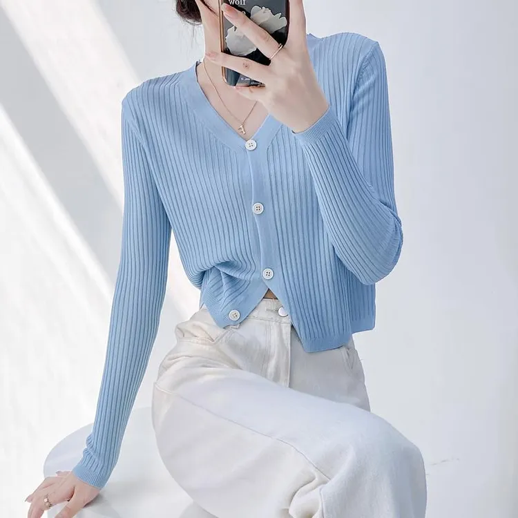 冰丝V领开 衫女夏季短款长袖薄外搭配裙子披肩上衣空调衫针织外套