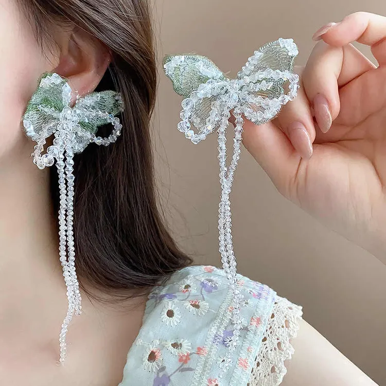 非金属仿水晶耳饰 蝴蝶水晶流苏耳钉超仙耳环森系轻奢高级感耳饰