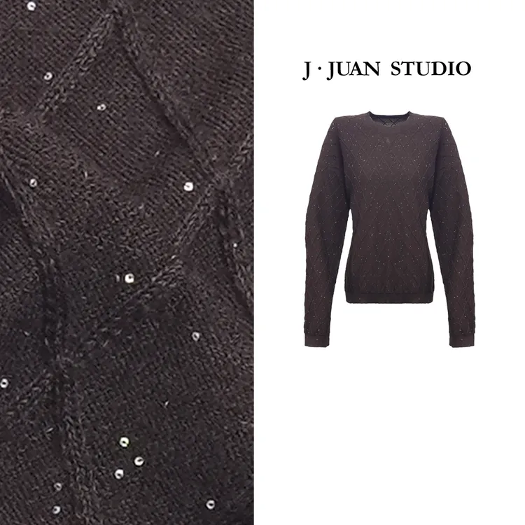 【J.Juan】满天星-秋季亮片菱格宽松毛衣高个子女装长袖套头针织衫